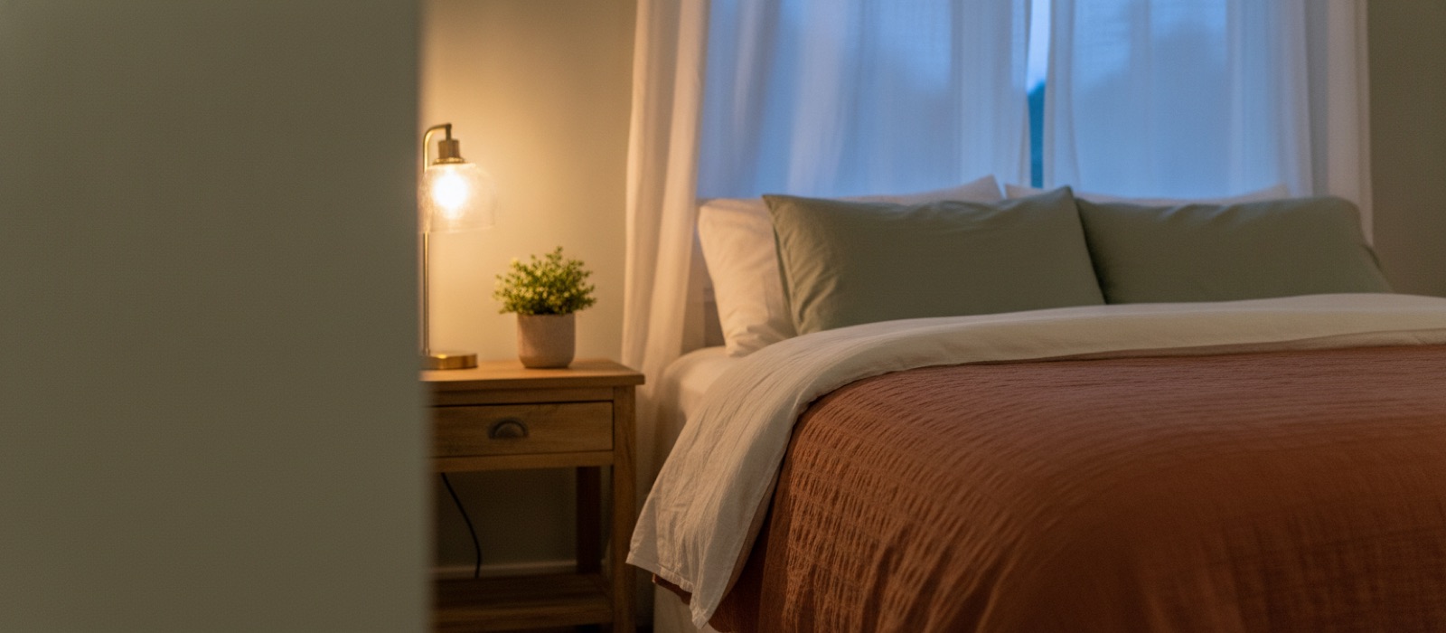 Ambiente de quarto tranquilo preparado para dormir